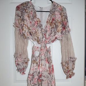 Floral Ruffle Cut out Dress with Sheer Sleeves